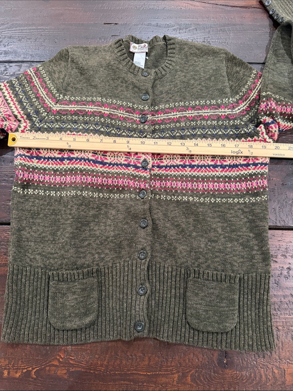 Vintage Tiara Fair Isle Cardigan Sweater Olive Green Pink Ramie Cotton Womens L - Picture 9 of 11